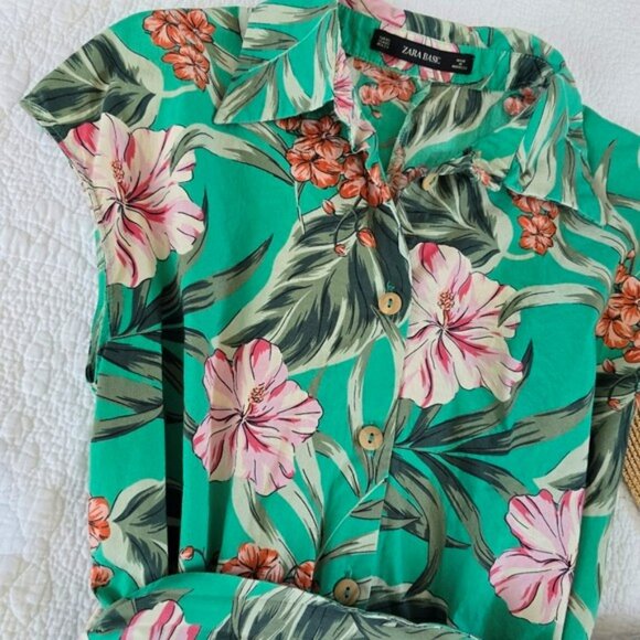 Zara Women's Midi Tropical Dress Size XS Green Button Down Belt Pockets Vacation - Picture 5 of 14